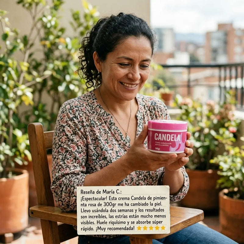 El frasco rosa de crema corporal Candela con su tapa y su etiqueta frambuesa