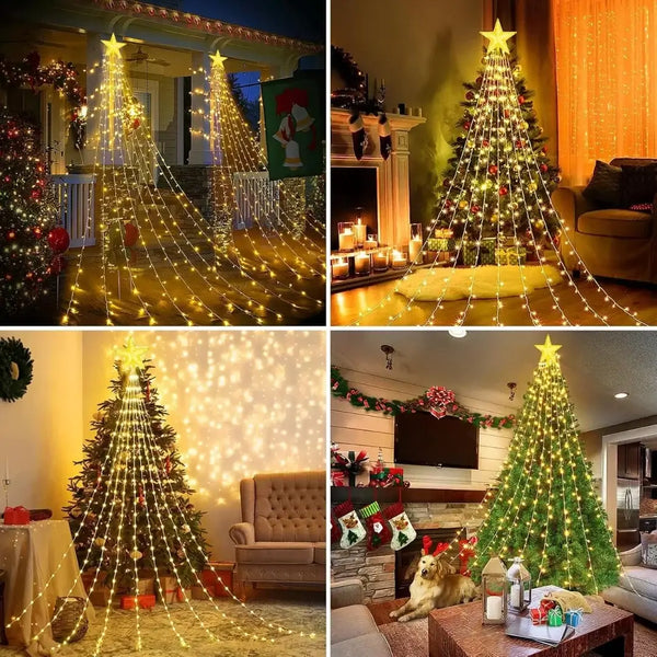 Manos acomodando las tiras de las Luces Estrella Cascada entre las ramas del árbol