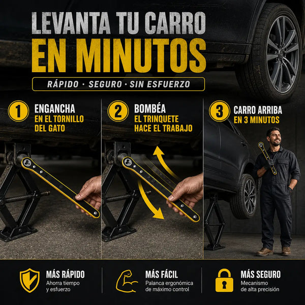Llave rachet compacta de 34 cm guardada en el maletero del carro lista para emergencias