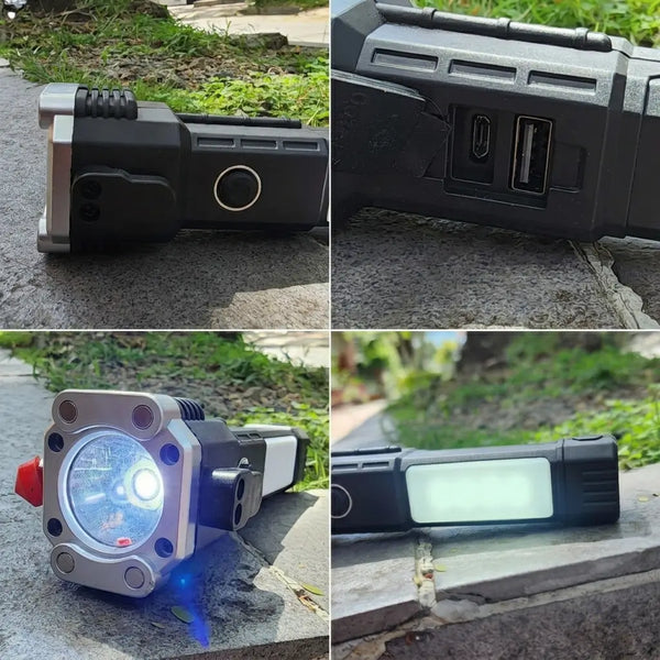 Las cuatro funciones de la linterna de rescate: luz frontal, panel COB, martillo rompevidrios y power bank