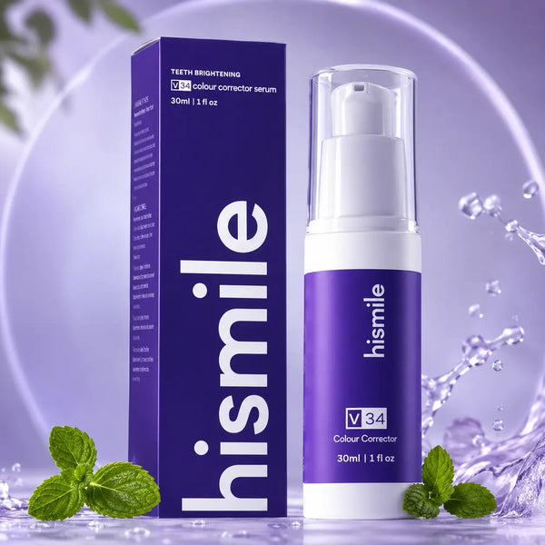 Frasco de sérum dental violeta de 30 ml con dosificador pump y tapa transparente sobre el lavamanos