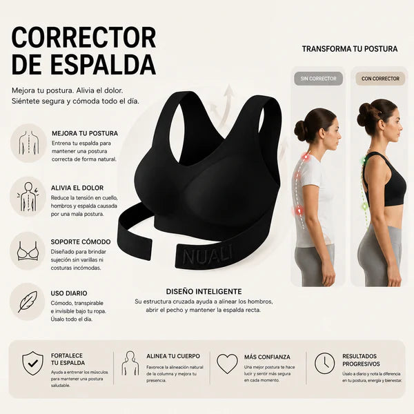 Mujer erguida y con la silueta firme sonriendo tras ponerse el brasier corrector