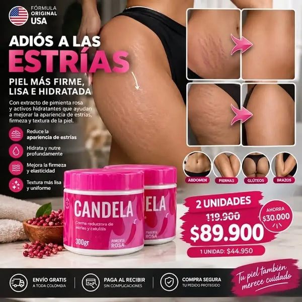 Frasco rosa de crema corporal Candela de 300 g, de la marca Pimienta Rosa, sobre una repisa de baño