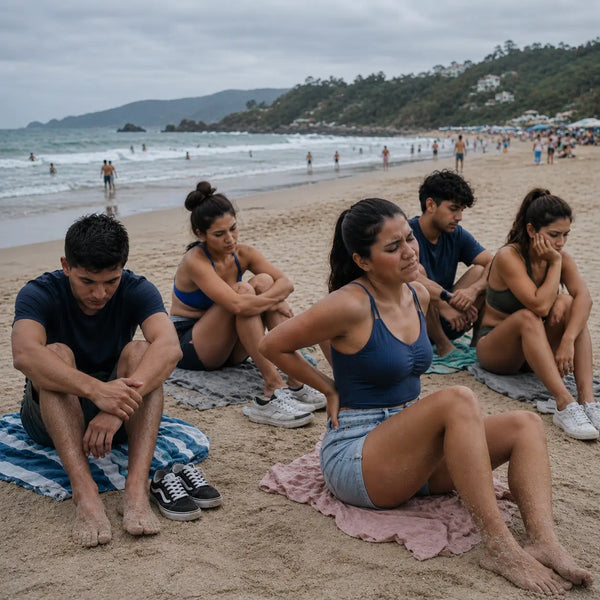 Persona incómoda en paseo al aire libre sin dónde sentarse, representando el problema de cargar sillas pesadas